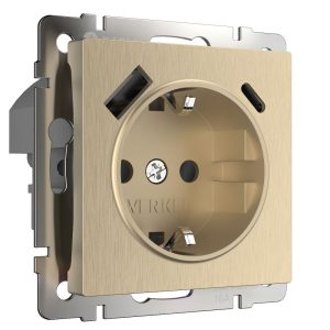 Розетка встраиваемая Werkel с заземлением, шторками и USB тип A+C Шампань рифленый W1171710