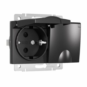 Розетка встраиваемая двойная влагозащищенная Werkel с заземлением, шторками и защитной крышкой Черный матовый W1172208