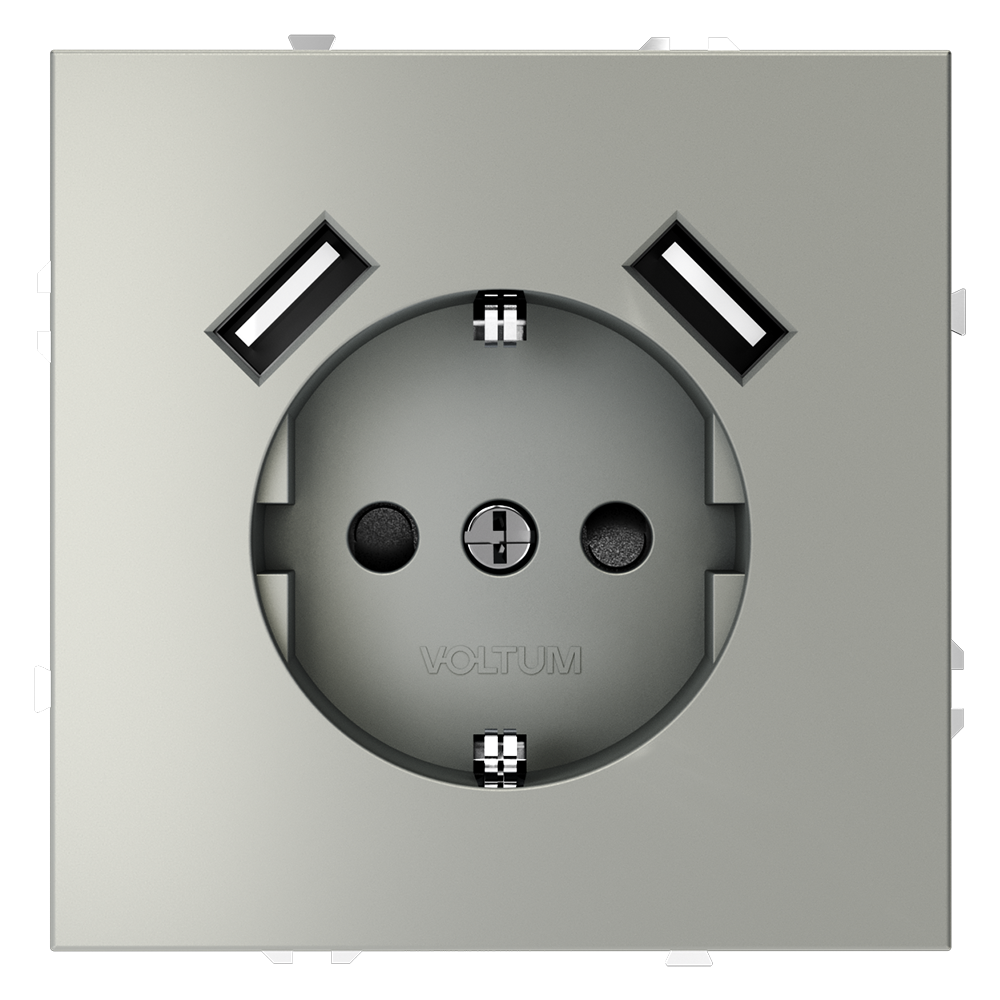 Розетка встраиваемая Voltum S70 с заземлением, шторками и USB A+A Сталь VLS040405