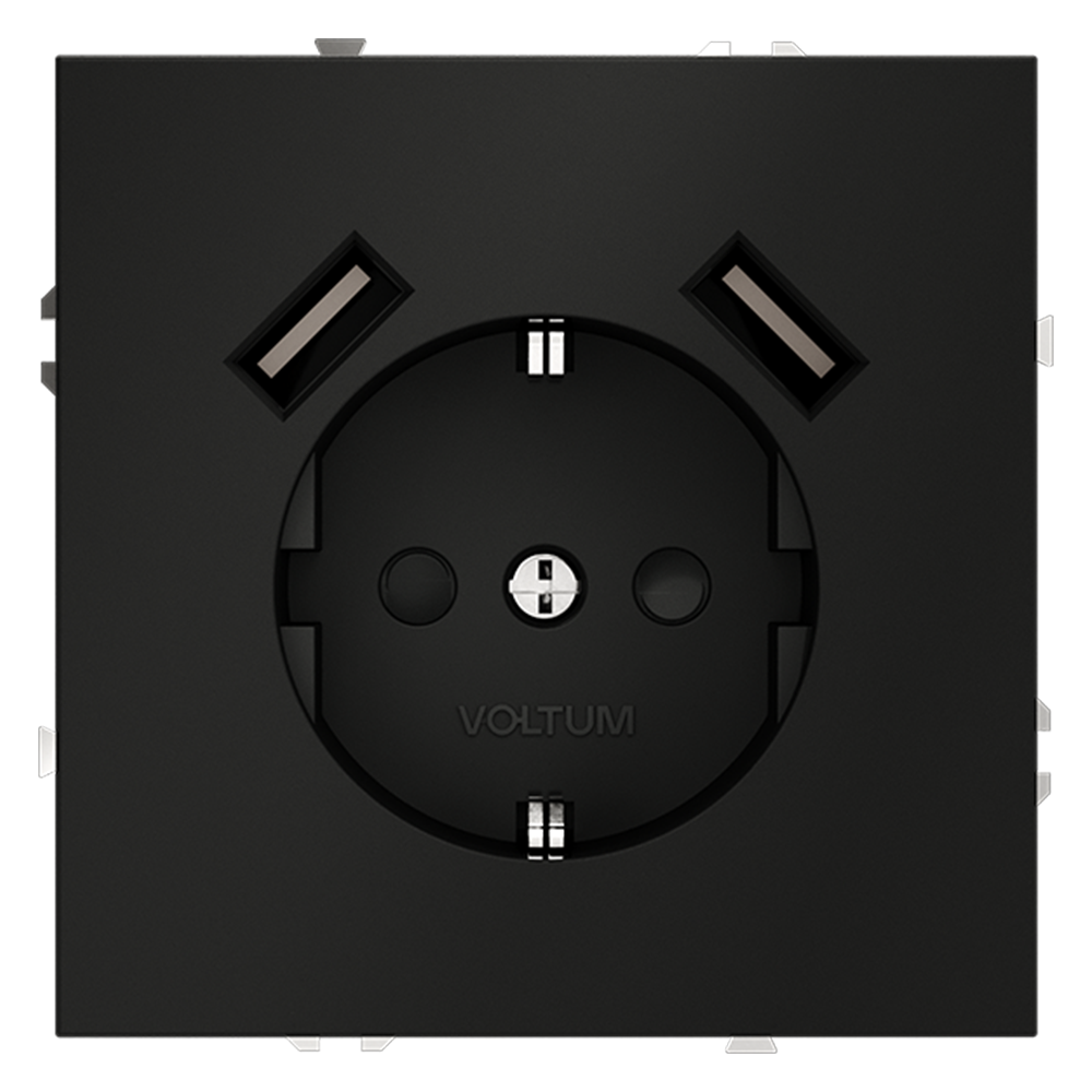 Розетка встраиваемая Voltum S70 с заземлением, шторками и USB A+A Черный матовый VLS040408