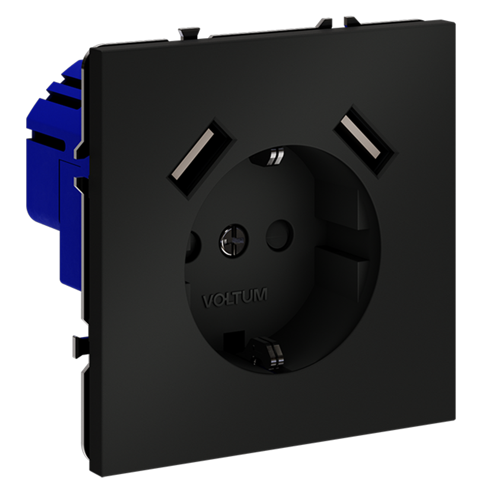 Розетка встраиваемая Voltum S70 с заземлением, шторками и USB A+A Черный матовый VLS040408 — изображение 2