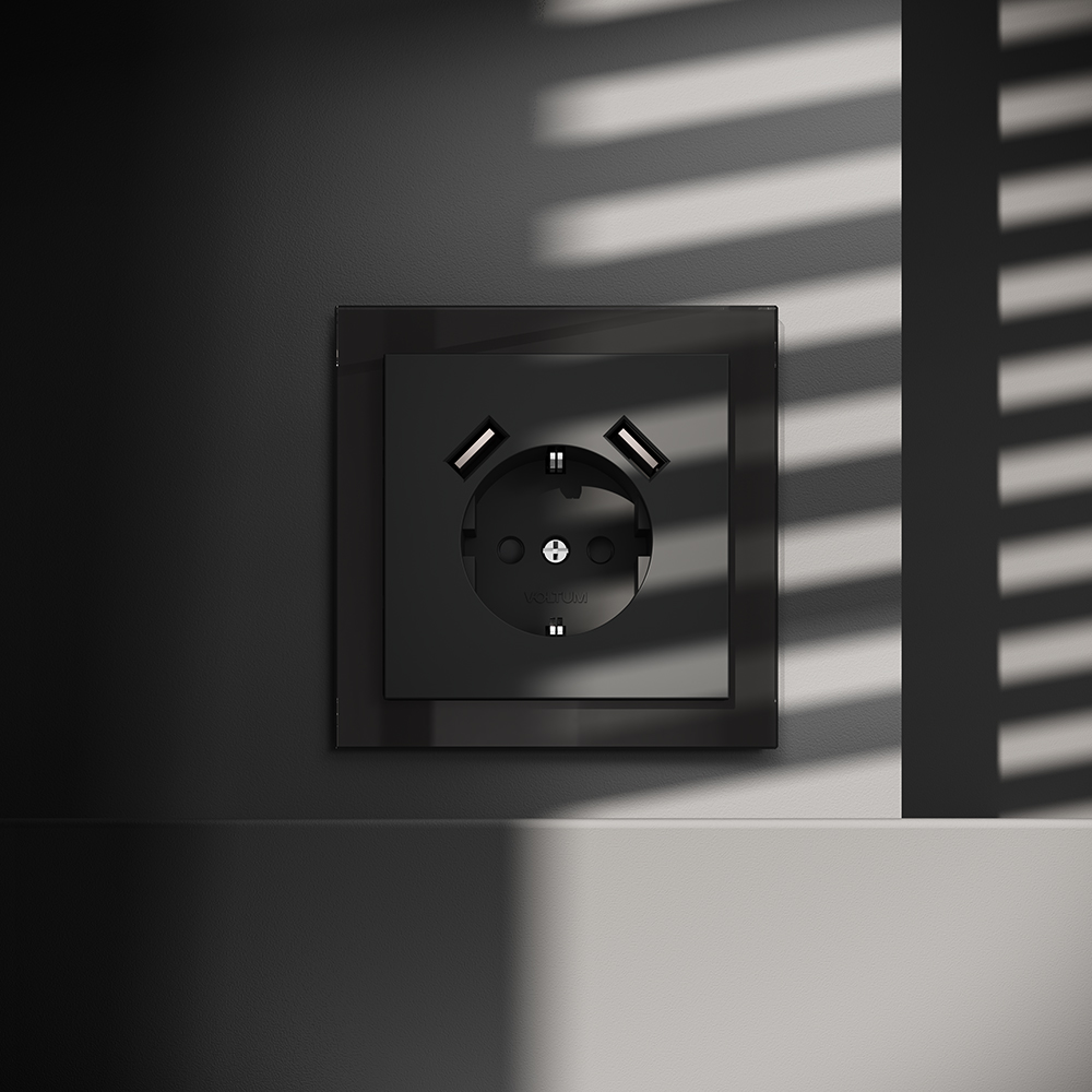 Розетка встраиваемая Voltum S70 с заземлением, шторками и USB A+A Черный матовый VLS040408 — изображение 4