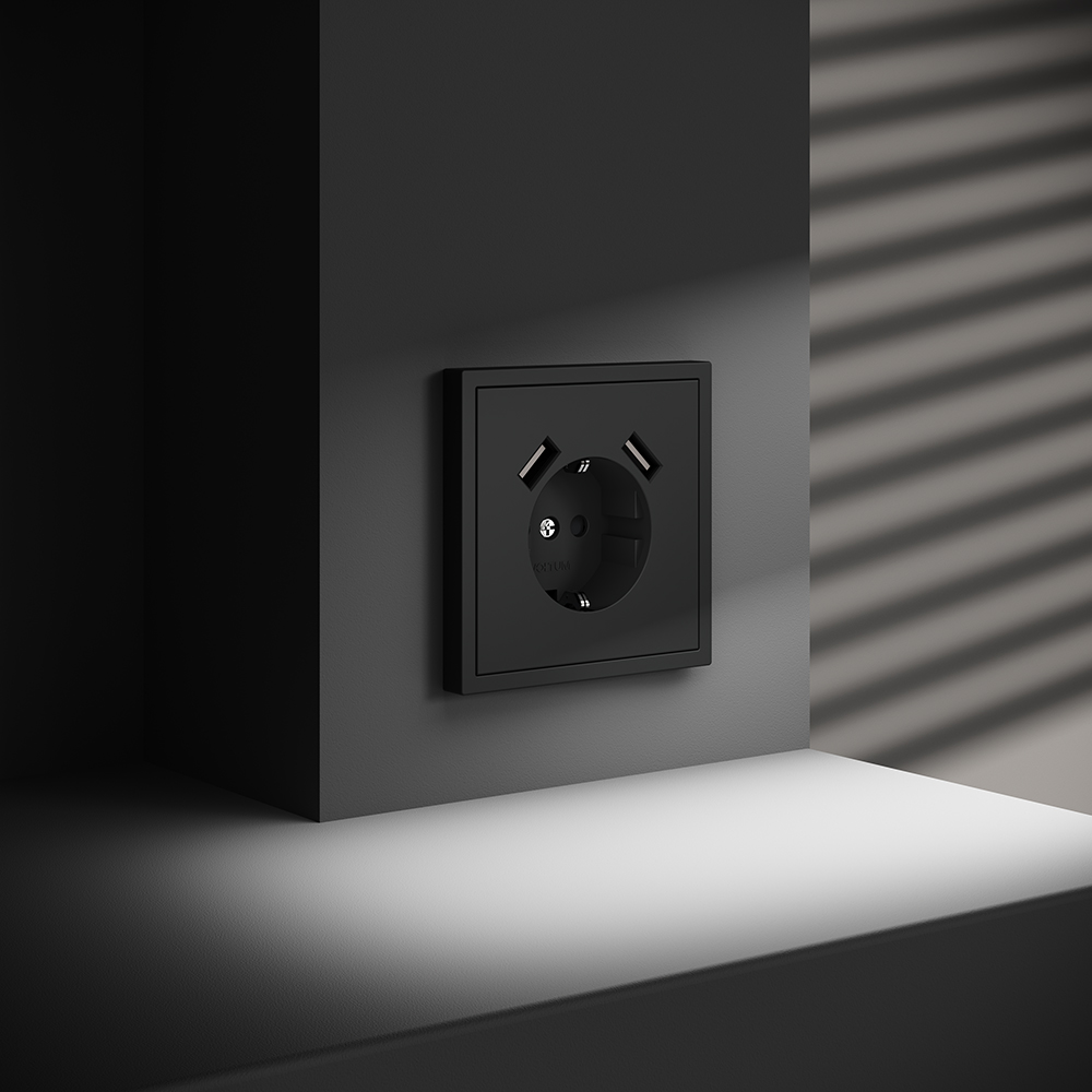 Розетка встраиваемая Voltum S70 с заземлением, шторками и USB A+A Черный матовый VLS040408 — изображение 5