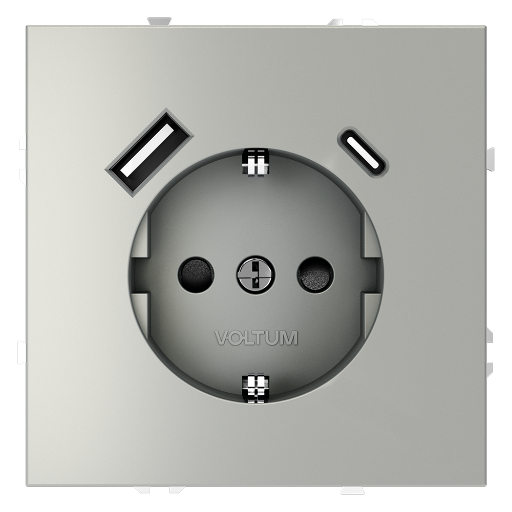 Розетка встраиваемая Voltum S70 с заземлением, шторками и USB A+C Сталь VLS040505